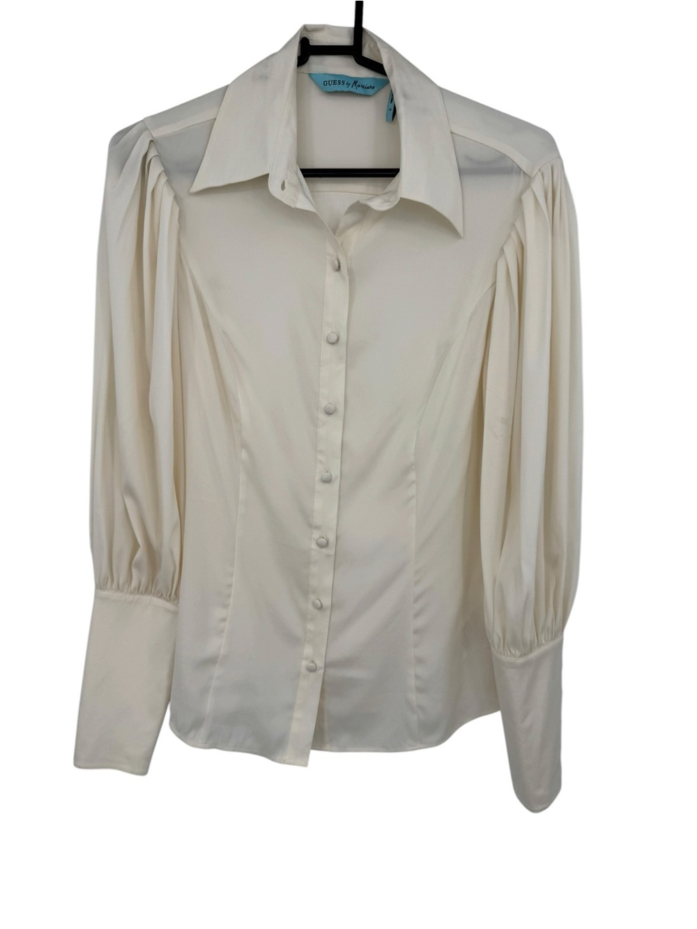 Guess by Marciano Ivory Silk Blouse Puff Sleeve Button Cuff Top Size S